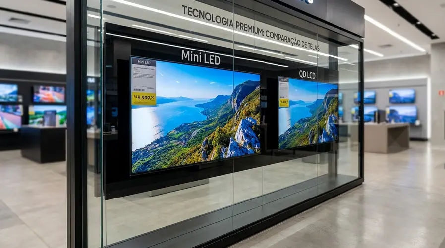 Uma comparação visual de duas TVs modernas lado a lado em uma loja ou vitrine: uma com destaque para painel Mini LED e outra com QD LCD, com etiquetas de preço visíveis e aparência de modelos grandes, para ilustrar a pressão por custo-benefício e a disputa em tecnologias premium.