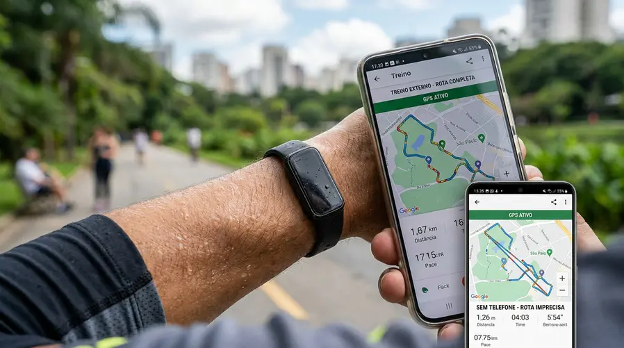 Uma imagem comparativa em close de um Galaxy Fit 3 usado em corridas ao ar livre ao lado de um mapa de rota no celular, destacando o ponto da seção: a falta de GPS no rastreamento sem o smartphone e como isso afeta a precisão dos treinos.