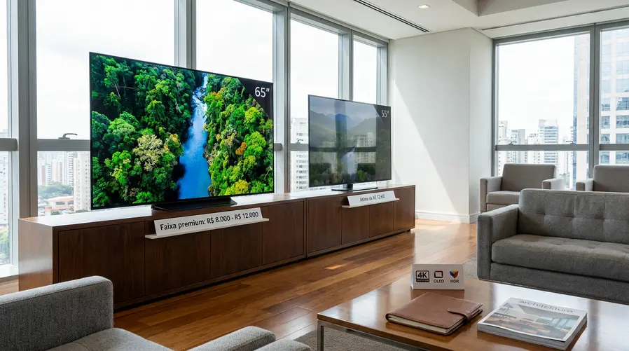 Uma foto de uma sala de estar moderna com duas TVs premium lado a lado, destacando uma tela grande com imagem vibrante e design fino, acompanhada visualmente por elementos que remetam a comparação de preço e recursos, como etiquetas de faixa de valor e ícones discretos de 4K/OLED/HDR.