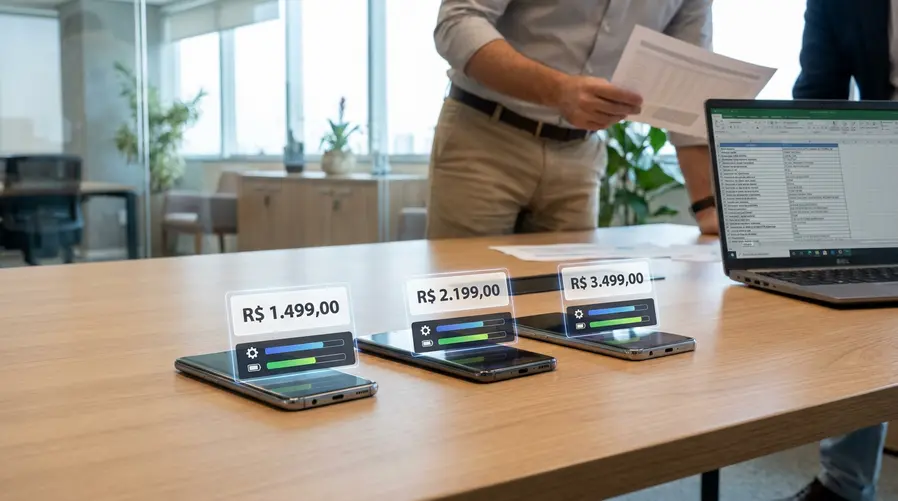 Um comparativo visual com três celulares lado a lado exibindo etiquetas de preço diferentes e uma pequena barra de desempenho/bateria abaixo de cada um, para sugerir que versões distintas do mesmo chip podem resultar em experiências e custos diferentes.
