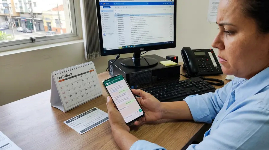 Uma pessoa olhando para o celular com uma conversa aberta no WhatsApp mostrando tentativa de confirmar consulta, ao lado de um calendário de agendamento e um lembrete de exame; ao fundo, a sensação de espera e retrabalho, como várias notificações sem resposta ou uma ligação perdida da clínica.