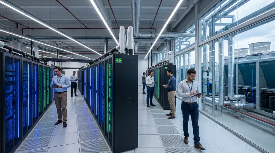 Uma imagem de um grande data center com fileiras de servidores iluminadas, cabos organizados e um sistema de refrigeração visível ao fundo, de preferência com destaque para torres de resfriamento ou tubulações de água, para ilustrar que a seção fala da conta completa da operação — energia, água e espaço.
