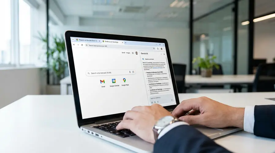 Uma tela de notebook com o Chrome aberto mostrando duas abas de pesquisa lado a lado, um resumo gerado por IA em um painel lateral e atalhos visíveis para Gmail, Calendar e Maps, ilustrando o uso prático do Gemini no navegador.