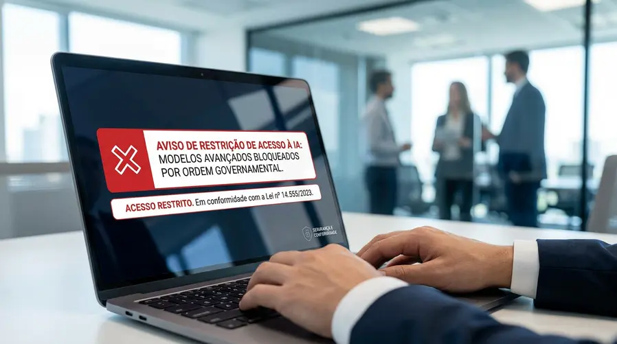 Captura visual de uma tela de aviso de acesso restrito em um app de IA, com destaque para a mensagem de bloqueio de modelos avançados e um ícone de alerta, para reforçar a ideia de limitação imposta por ordem governamental.