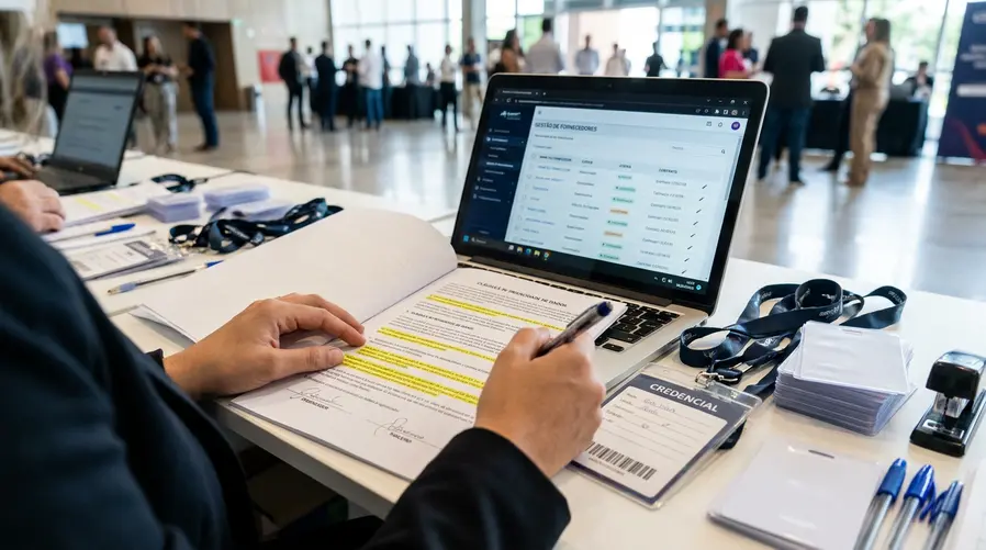 Uma cena de bastidores de evento com uma mesa de credenciamento, um contrato aberto com trechos destacados, um notebook exibindo um painel de fornecedores e um crachá ao lado. A imagem deve reforçar a ideia de que a proteção de dados depende de cláusulas claras entre organizador e parceiros, não só de um aviso genérico de privacidade.