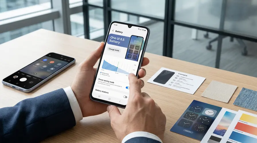 Um Galaxy A16 com a interface One UI 8.5 aberta na tela mostrando, em destaque, o menu de bateria redesenhado e a tela de bloqueio com opções extras de relógio; ao lado, pequenos elementos de câmera e papéis de parede para reforçar as novidades visuais e de personalização desta seção.