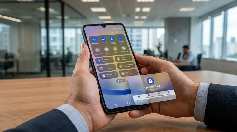 Captura de tela do Galaxy A25 mostrando a área de configurações rápidas com o novo Quick Panel mais personalizável, sobreposta a outra imagem pequena da interface com efeito de blur transparente e barra inferior flutuante em um app da Samsung, para ilustrar exatamente as mudanças visuais citadas na seção.