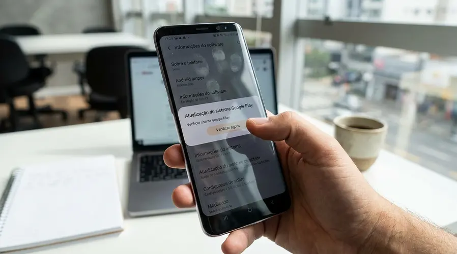 A tela de configurações de um Galaxy mostrando o caminho para localizar Google Play System update dentro de 'Configurações > Sobre o telefone > Informações do software', destacando a área onde o usuário toca para verificar atualizações.