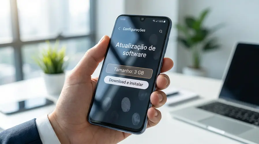 Tela de um Galaxy M36 na área de Configurações > Atualização de software, com o botão 'Download e instalar' visível, um destaque para o tamanho aproximado de 3 GB e um aviso visual sugerindo conexão Wi‑Fi e bateria carregada.
