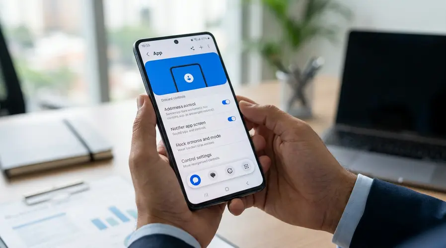 Um print de tela de um app da Samsung no Galaxy M55s mostrando a nova barra flutuante na parte inferior, com elementos de interface reorganizados e aparência mais arredondada, para evidenciar a mudança visual da One UI 8.5.