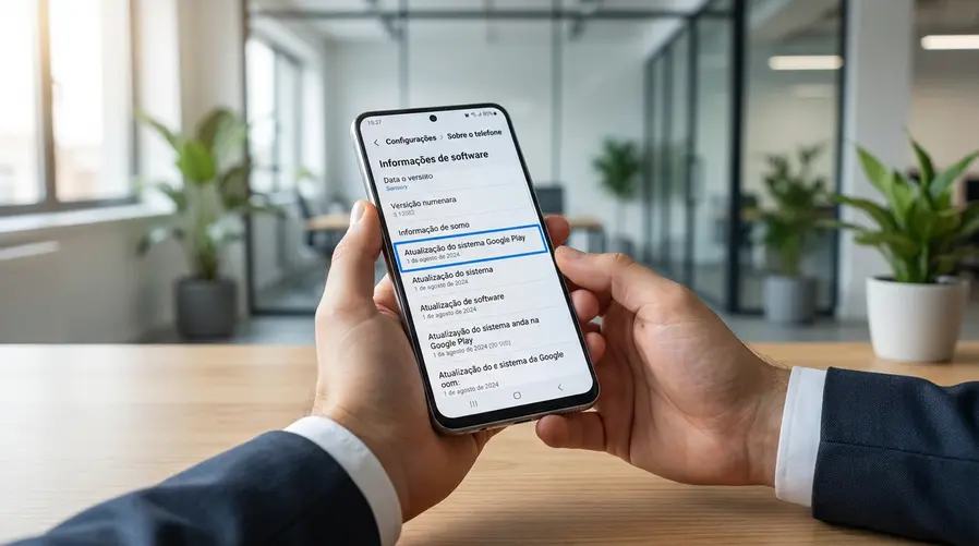 Tela de configurações de um celular Galaxy aberta na área de 'Informações do software', com o item 'Google Play System update' visível e destacado, mostrando a versão/data de atualização para o leitor entender exatamente onde tocar.