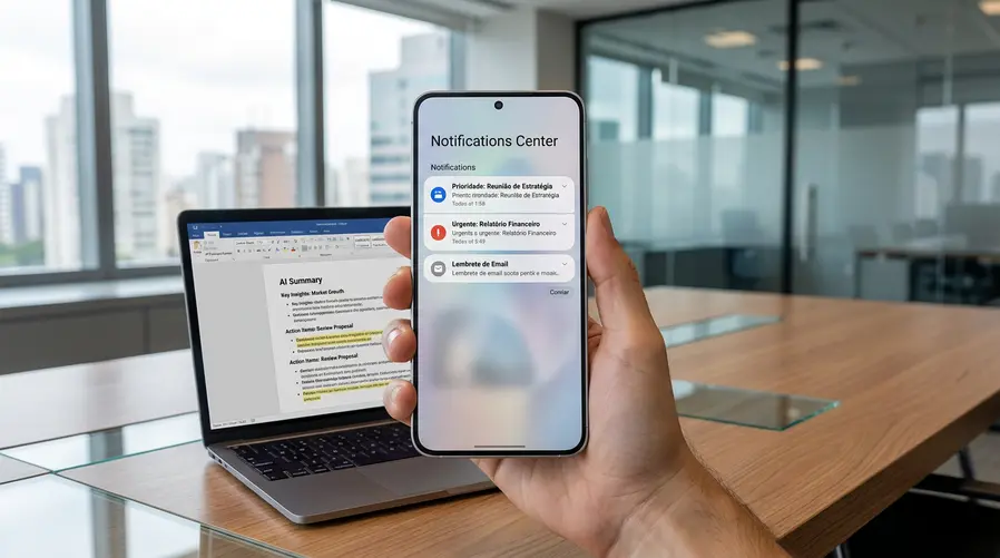 Uma captura de tela de um Galaxy S25 mostrando a Central de Notificações com mensagens priorizadas em destaque e, ao lado, uma visualização de resumo de um arquivo/documento gerado por IA, para ilustrar os recursos Prioritise Notifications e File Summaries.