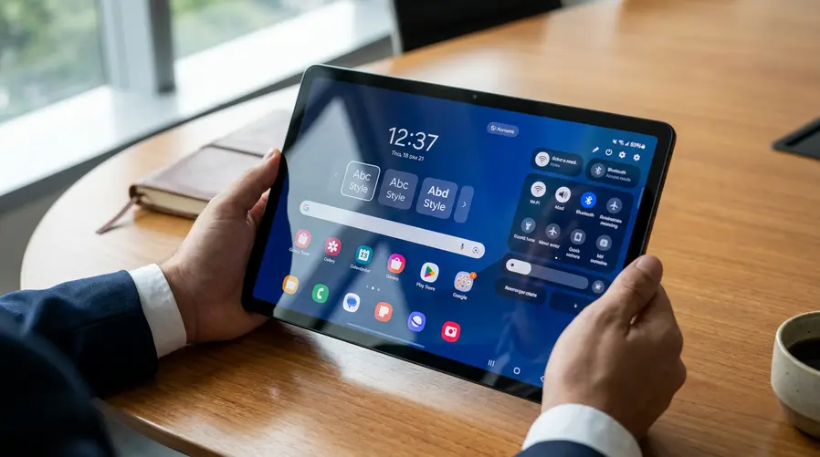 Captura da tela de bloqueio ou do Quick Panel do Galaxy Tab S10 Lite mostrando claramente a personalização nova: relógio com opções de fonte diferentes, ícones redesenhados e um painel rápido com botões reorganizados para evidenciar a mudança visual da One UI 8.5.