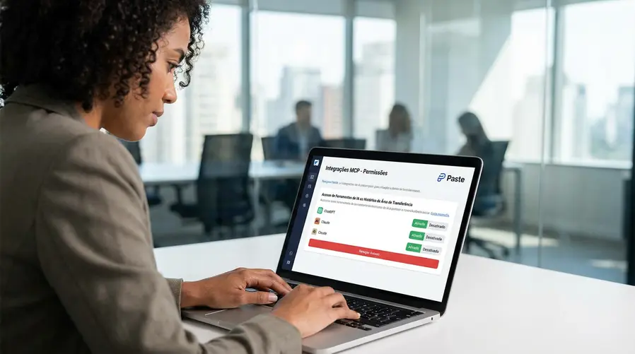 Uma tela do app Paste mostrando as opções de integração MCP, com a área de permissões destacada: seletores para ativar ou desativar o acesso de uma ferramenta de IA ao histórico do clipboard e um botão claro de revogação do acesso.