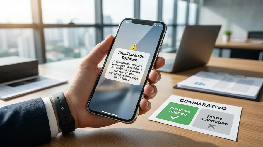 Tela de um iPhone mostrando a área de atualização do sistema, com um aviso visual simples destacando que o aparelho pode continuar funcionando, mas sem novas funções e com menos correções ao longo do tempo; ao lado, um comparativo curto com dois blocos: 'continua usando' e 'perde novidades'.