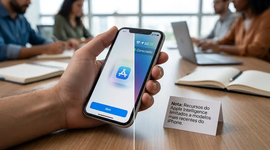 Uma captura comparativa de tela de um iPhone 11 mostrando uma animação de abertura de apps e a troca de rede Wi‑Fi para 4G/5G, com destaque visual para a ideia de 'mais rápido e mais estável'; ao lado, um pequeno callout indicando que os recursos de Apple Intelligence ficam restritos a modelos mais novos.