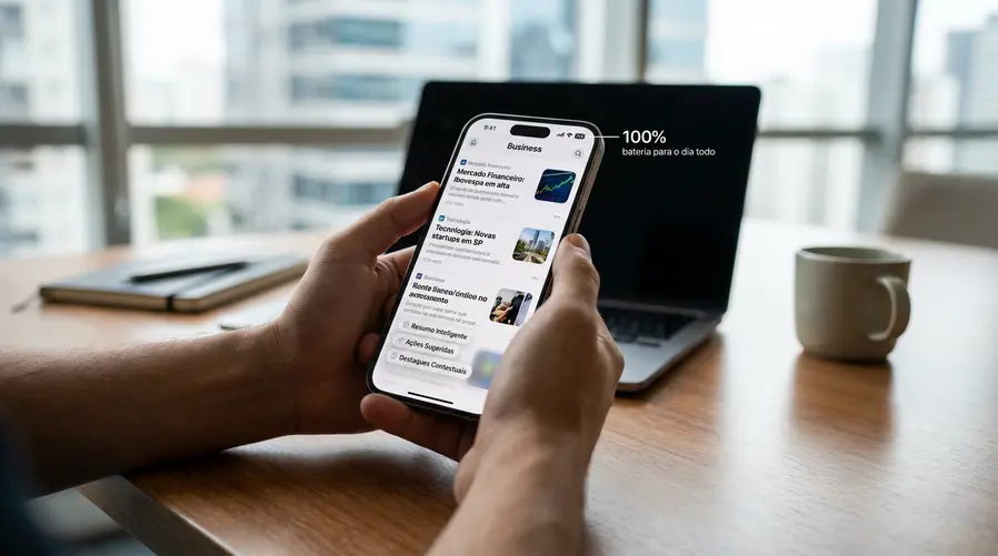 Um close de um iPhone 17 em uso no dia a dia, mostrando a tela com taxa de atualização alta em uma rolagem fluida, um indicador de bateria para o dia todo e elementos visuais discretos que remetam a Apple Intelligence em português do Brasil, para reforçar as melhorias que justificam a troca.