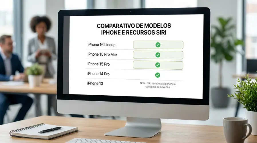 Uma tela comparando, de forma limpa e direta, uma lista de modelos de iPhone com destaque visual para iPhone 15 Pro, iPhone 15 Pro Max e linha iPhone 16, ao lado de um iPhone mais antigo com indicação de que ele não recebe a experiência completa da nova Siri.