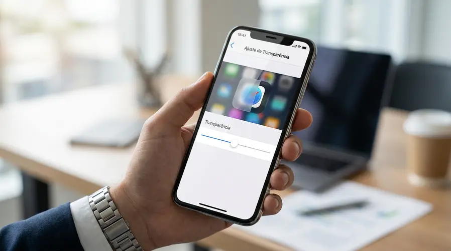 Tela de um iPhone exibindo o ajuste do Liquid Glass com uma barra deslizante de transparência em destaque, mostrando a interface mudando de mais translúcida para mais opaca ao mover o controle.