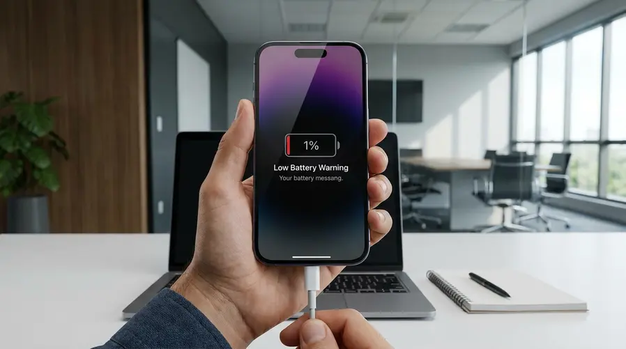 Um iPhone 17 ou iPhone Air com a tela mostrando a barra de bateria quase no zero e um cabo conectado, para ilustrar o problema de carregamento via cabo que a atualização tenta corrigir.