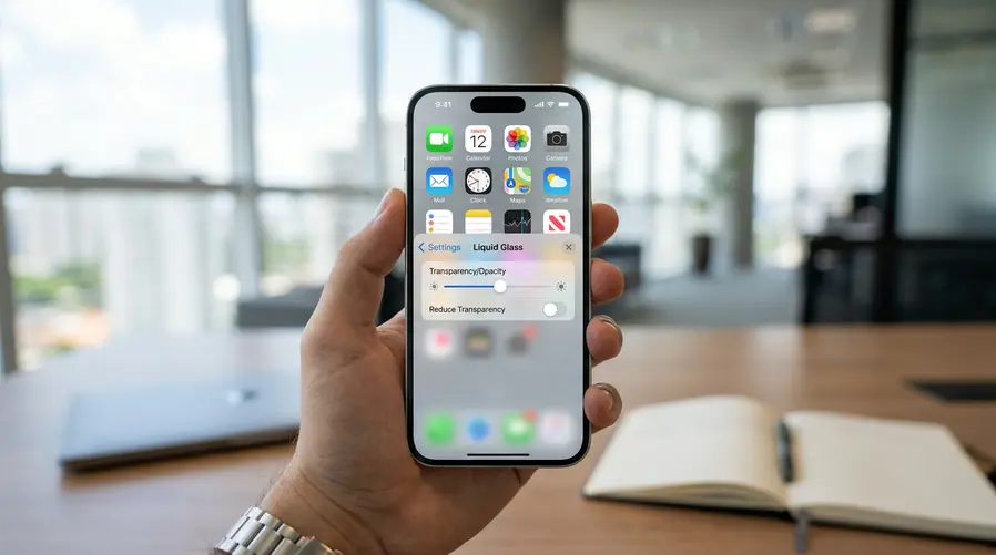 Uma captura de tela do iPhone com o Liquid Glass em destaque, mostrando a barra superior, botões e textos sobre fundo translúcido, com contraste visivelmente ajustado e um exemplo de controle de transparência/opacidade aberto nas configurações.
