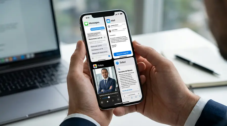 Uma tela de iPhone com interface dividida em exemplos práticos: uma mensagem sendo reescrita com ajuda da IA, um e-mail com sugestão de resposta, uma foto com edição automática e um resumo de busca no Safari, tudo em layout limpo e com aparência de recurso nativo do sistema.