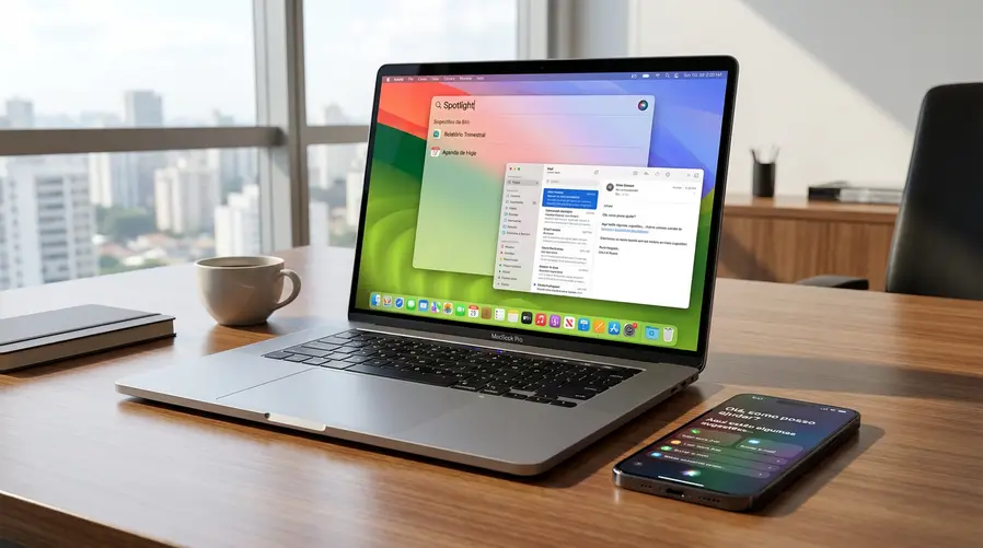 Tela de um Mac e de um iPhone lado a lado mostrando a nova interface com busca em destaque, uma sugestão de resultado do Spotlight, um bloco de Siri/Apple Intelligence ativo e pequenas mudanças visuais em um app como Mail ou Fotos para evidenciar os ajustes prometidos no uso diário.