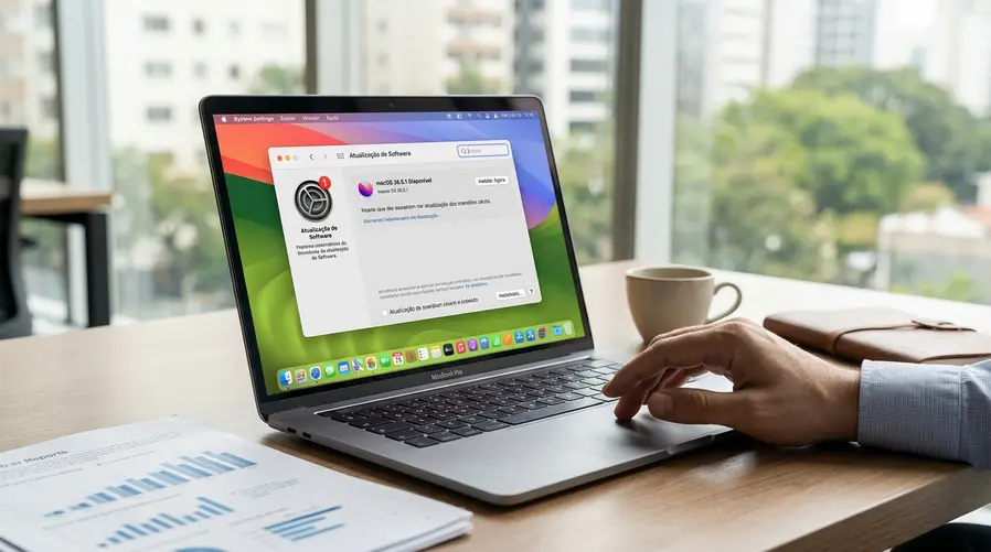Um screenshot ou mockup de um Mac com a tela de Ajustes do Sistema aberta em Atualização de Software, mostrando o macOS 26.5.1 disponível para instalar, com destaque visual para a ideia de correção urgente e estabilidade.
