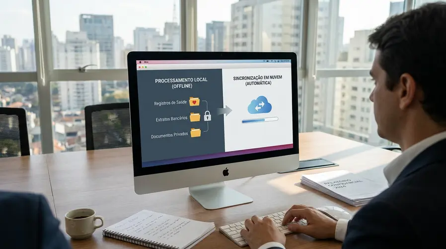 Mostrar a interface de um app no Mac destacando uma tarefa com dados pessoais sendo tratada localmente, com elementos visuais que sugiram privacidade, como arquivos, finanças ou saúde aparecendo no próprio computador, enquanto uma segunda parte da tarefa segue para a nuvem. A imagem deve ilustrar a divisão automática entre local e cloud naquela seção.