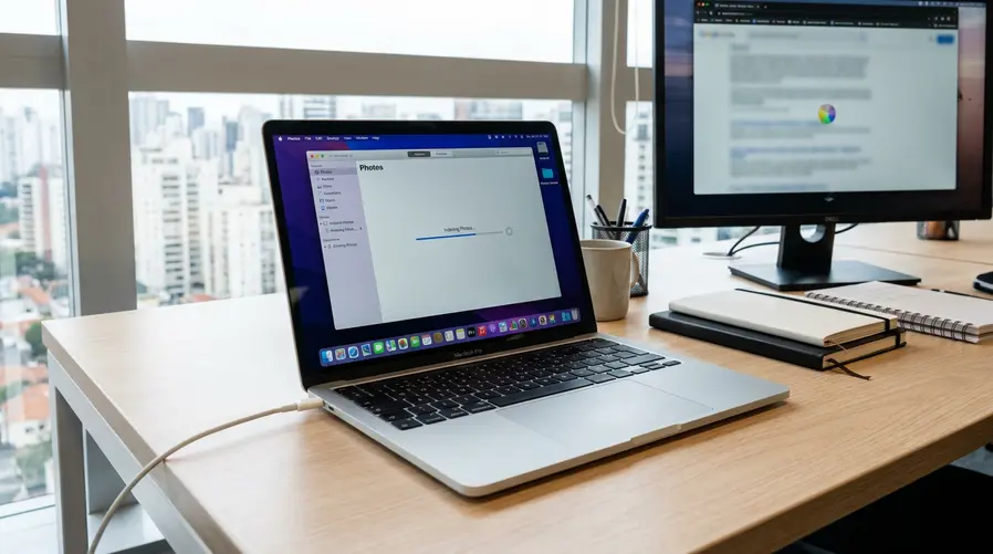 Uma tela do app Fotos no Mac mostrando a biblioteca sendo processada em segundo plano, com indicação visual de atividade/índice e um MacBook conectado à energia, para reforçar que o recurso pode estar analisando imagens enquanto consome recursos do sistema.