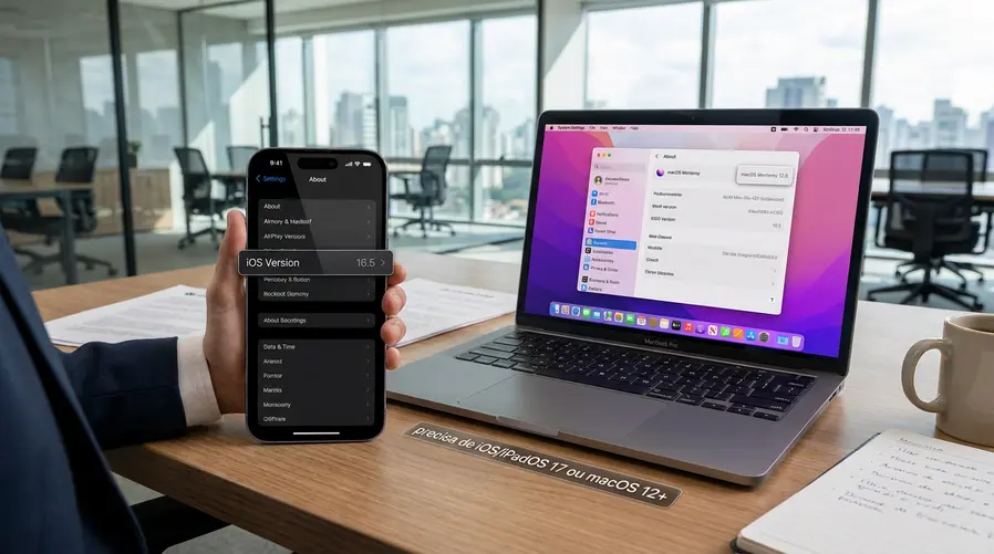 Uma imagem de apoio mostrando a tela de Ajustes/Configurações de um iPhone ou Mac com a versão do sistema em destaque e, ao lado, uma chamada visual simples indicando 'precisa de iOS/iPadOS 17 ou macOS 12+'. A imagem deve ajudar o leitor a identificar rapidamente se o aparelho dele está abaixo do requisito.