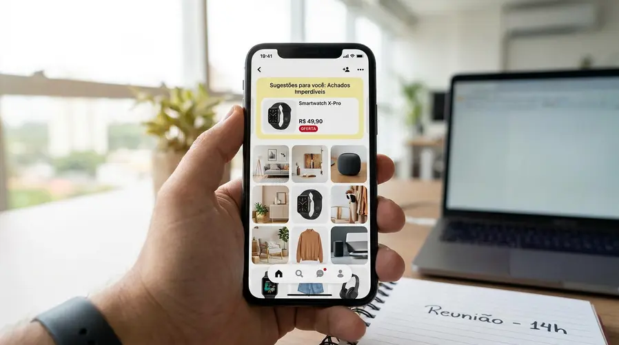 Uma tela de celular mostrando o Pinterest com pins de itens de decoração, moda e gadgets em cards semelhantes, com um destaque visual indicando sugestões personalizadas de compras e um usuário rolando a tela em busca de um achado com preço atraente.