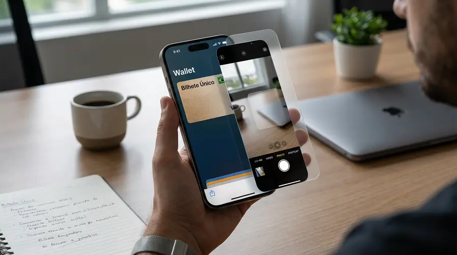 Uma captura/ilustração de um iPhone mostrando um cartão na Wallet, a interface da câmera aberta e, ao fundo, elementos visuais mais translúcidos do sistema para reforçar o possível redesign “Liquid Glass”, tudo dentro da mesma tela ou composição para destacar as mudanças práticas dessa seção.