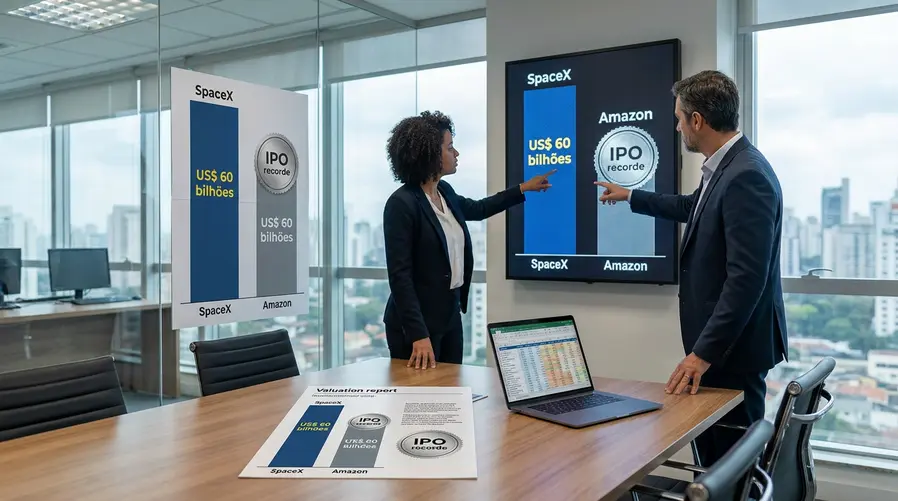 Uma arte comparando o valor de mercado da SpaceX com o da Amazon em barras ou blocos lado a lado, com destaque para a cifra de US$ 60 bilhões do negócio e um selo visual de 'IPO recorde' para contextualizar a dimensão da operação.
