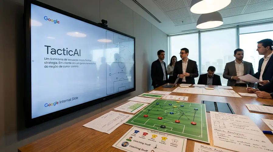 Uma imagem mostrando a tela de uma apresentação institucional do Google com o nome TacticAI, ao lado de elementos visuais de futebol tático como um campo com setas, marcações de jogadas e ícones de comissão técnica, deixando claro que se trata de uma tecnologia de bastidor e não de um app de consumo.