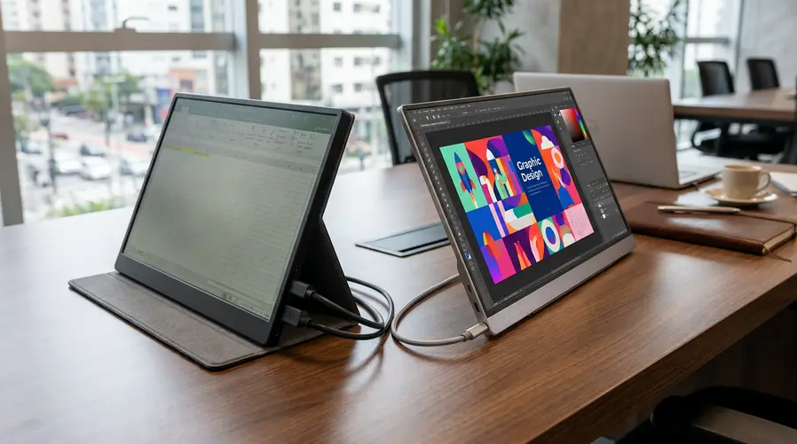 Uma comparação visual de dois monitores portáteis lado a lado em uma mesa: à esquerda, um modelo simples com capa dobrável e conexão USB-C/HDMI; à direita, um modelo premium com tela mais vibrante e acabamento mais refinado. A imagem deve sugerir a diferença de categoria e preço, com foco nos elementos físicos que ajudam o leitor a entender o que muda ao pagar menos ou mais.