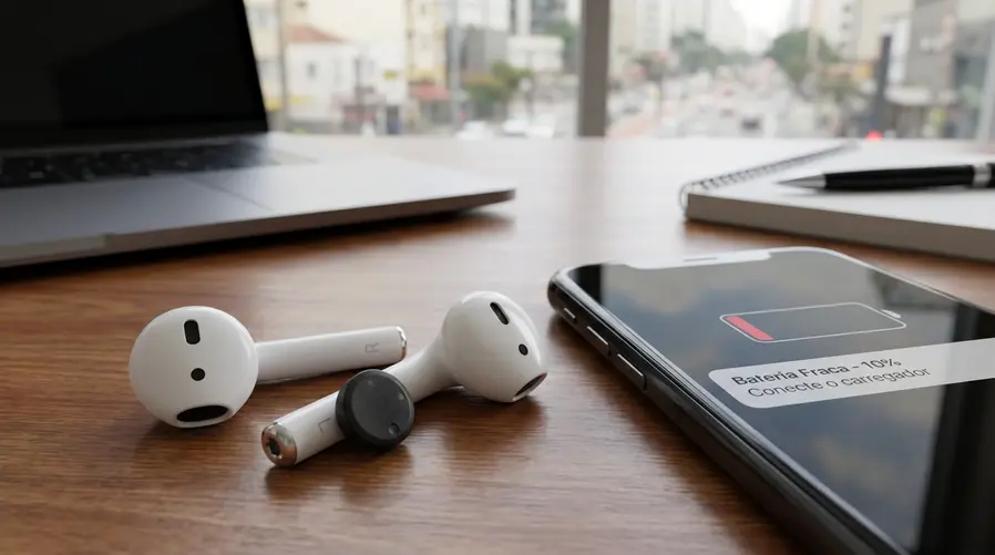 Um close realista de um fone tipo AirPods com um pequeno módulo extra sugerindo câmera/sensor, ao lado de um celular mostrando ícone de bateria baixa e alerta de recarga. A imagem deve reforçar visualmente a ideia de que adicionar visão ao fone pode custar autonomia no uso do dia a dia.