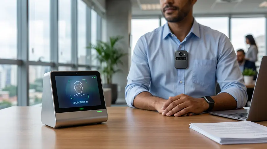 Mostrar lado a lado os dois conceitos exibidos pela Microsoft: um smart display de mesa com tela acesa e indicação de desbloqueio facial, e um crachá vestível preso à roupa com câmera frontal e sensor biométrico, deixando evidente que são dispositivos para uso com IA em tarefas rápidas.