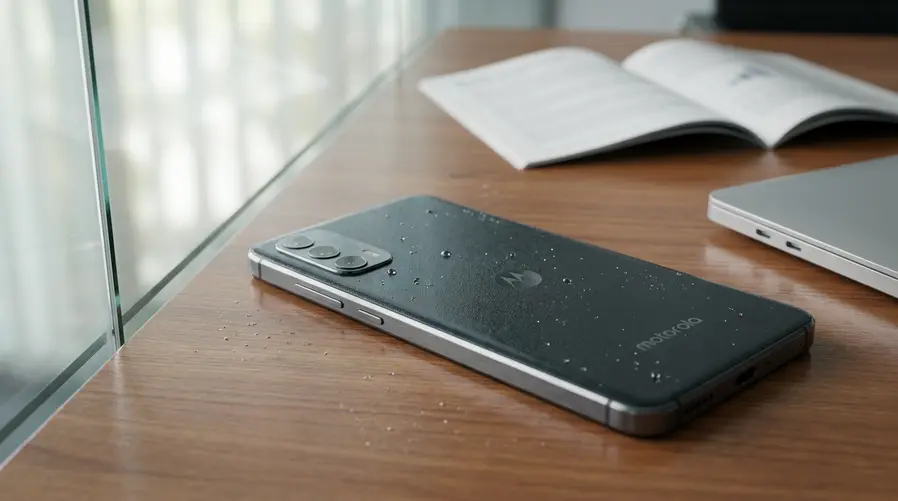 Foto em close do Motorola Edge 2026 mostrando a traseira e a lateral fina do aparelho, com destaque para a aparência compacta, o acabamento premium e a sensação de resistência do corpo, idealmente em um cenário que sugira proteção contra água e poeira, sem exagerar em elementos de propaganda.