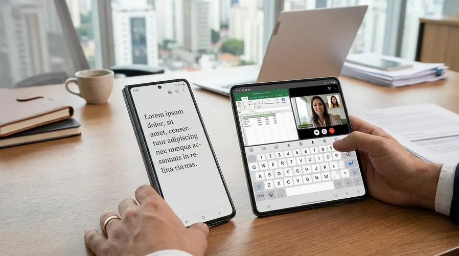 Uma comparação visual lado a lado entre um dobrável com tela interna mais estreita e um formato mais largo, aberto sobre uma mesa, mostrando claramente a diferença de proporção na interface: de um lado um app em modo leitura, do outro um teclado e uma divisão de tela com duas janelas abertas.
