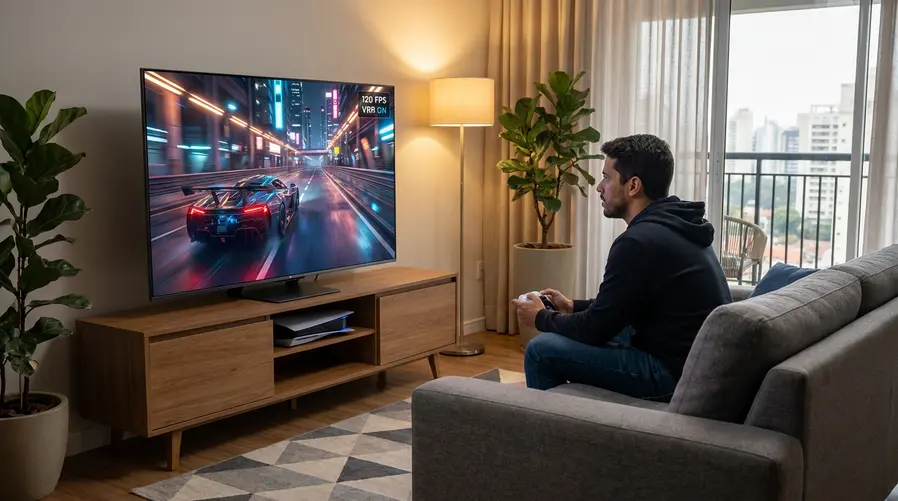 Uma imagem mostrando um console moderno conectado à TV TCL com um jogo em cena rápida, com destaque visual para a fluidez da imagem e para elementos de interface de jogo na tela, reforçando a ideia de VRR e alta taxa de atualização na experiência real.