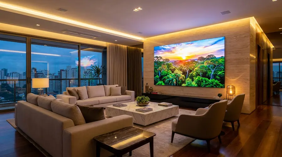 Imagem em uma sala de alto padrão mostrando a TV de 136 polegadas ligada com uma cena muito clara e colorida, para evidenciar o brilho extremo e o tamanho da tela em relação ao sofá e aos móveis.