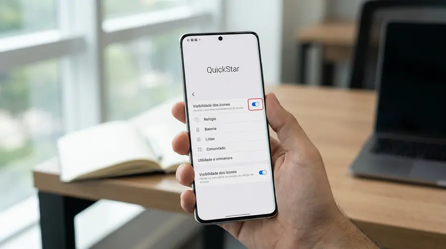 Uma captura da barra de status de um celular Galaxy com poucos ícones visíveis, destacando a área do QuickStar onde o usuário escolhe mostrar ou ocultar indicadores, para ilustrar a ideia de personalização e limpeza visual.