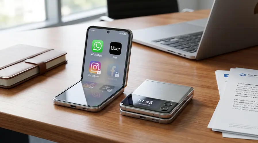 Foto do celular flip aberto e fechado lado a lado, com a tela mostrando ícones de WhatsApp e Uber, e um símbolo de bloqueio ou apps de redes sociais esmaecidos para evidenciar a restrição anunciada naquela seção.