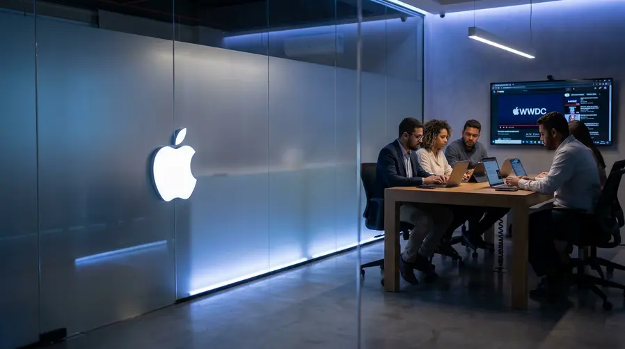 Uma arte com o logo da Apple em destaque sobre um fundo escuro com brilho suave em tons luminosos, acompanhada de elementos visuais que remetam ao teaser da WWDC, como linhas de luz ou um efeito de ‘glow’, para ilustrar o slogan ‘All systems glow’ e o clima de expectativa antes do evento.